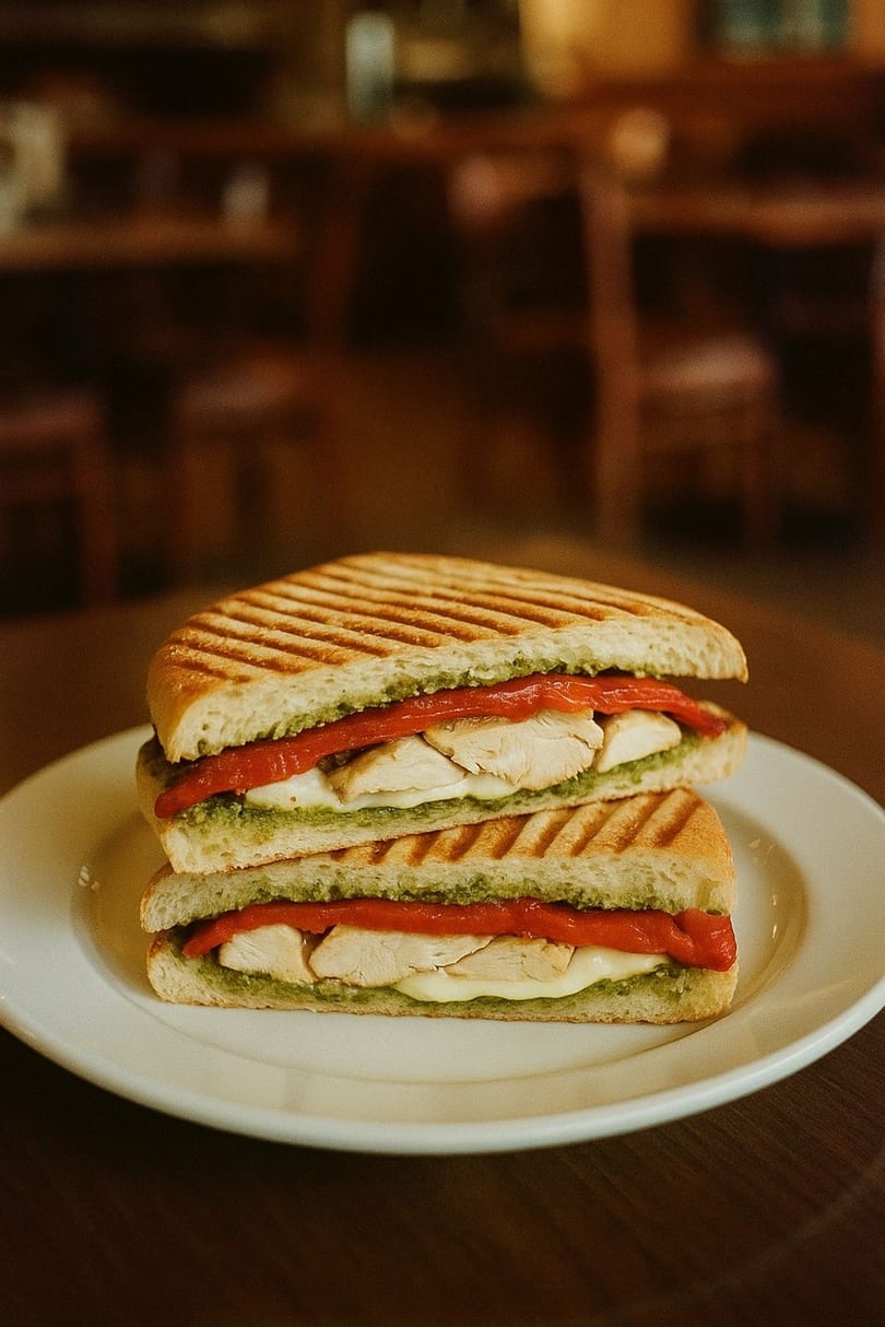 Grilled chicken panini with pesto, roasted red peppers, and cheese on a white plate.