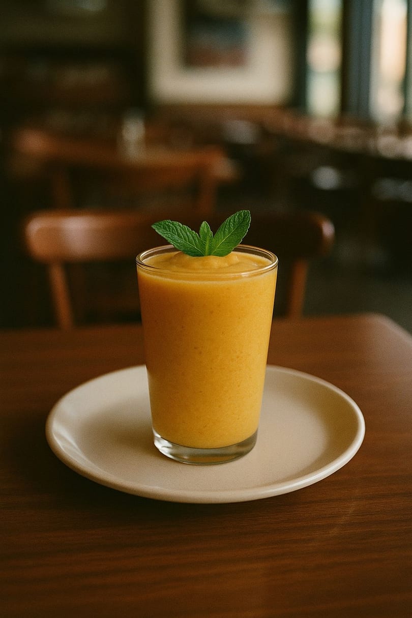 A vibrant orange smoothie with a mint garnish on a white plate at Desert Sky Café.