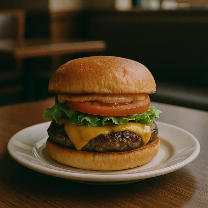 A Desert Sky Café cheeseburger with lettuce, tomato, and special sauce on a white plate.